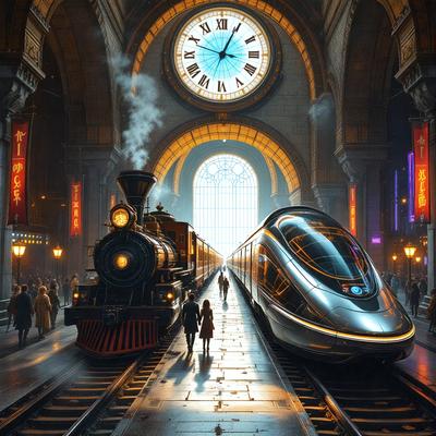 The primary subject of the image is a train, which is traveling down the tracks. The setting is a train station, with a large clock visible in the background. The visual style is a digital art, creating a futuristic and modern atmosphere. The colors are predominantly silver and black, giving the scene a sleek and sophisticated appearance.